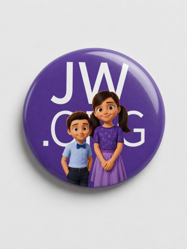 Broche Família JW 32mm — Pedrinho e Sofia em Roxo