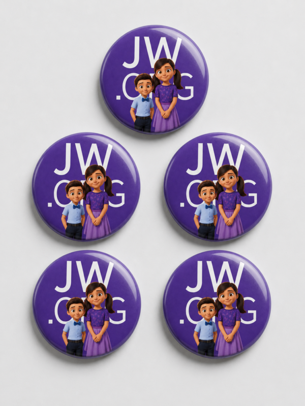 Kit 5 broches Família JW 32mm — Pedrinho e Sofia em Roxo