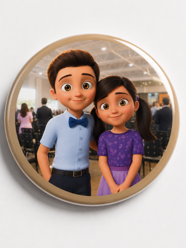 Broche Família JW 32mm — Pedrinho e Sofia no Congresso