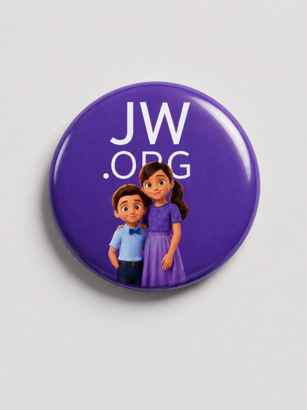 Broche Família JW 32mm — Pedrinho e Sofia (versão roxo)