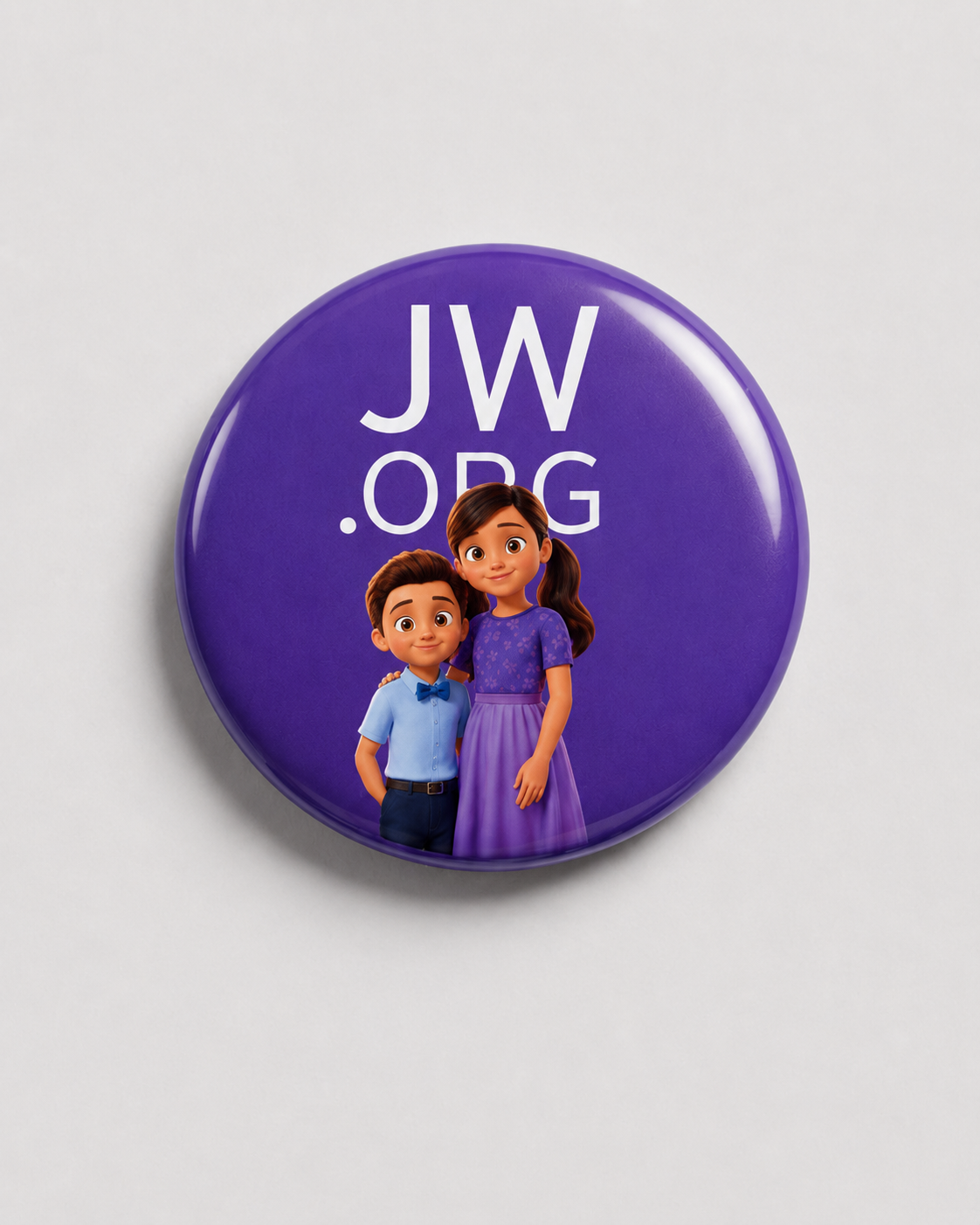 Broche Família JW 32mm — Pedrinho e Sofia (versão roxo)