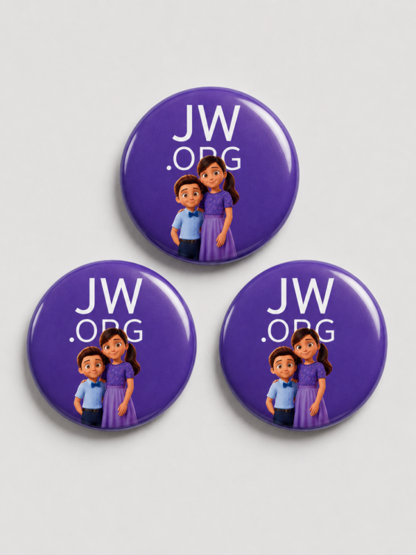 Kit 3 broches Família JW 32mm — Pedrinho e Sofia (versão roxo)