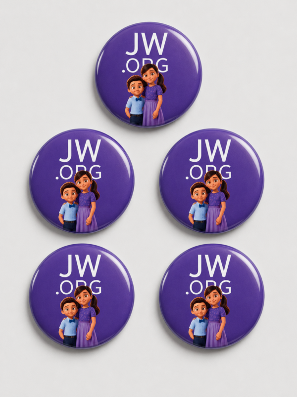 Kit 5 broches Família JW 32mm — Pedrinho e Sofia (versão roxo)