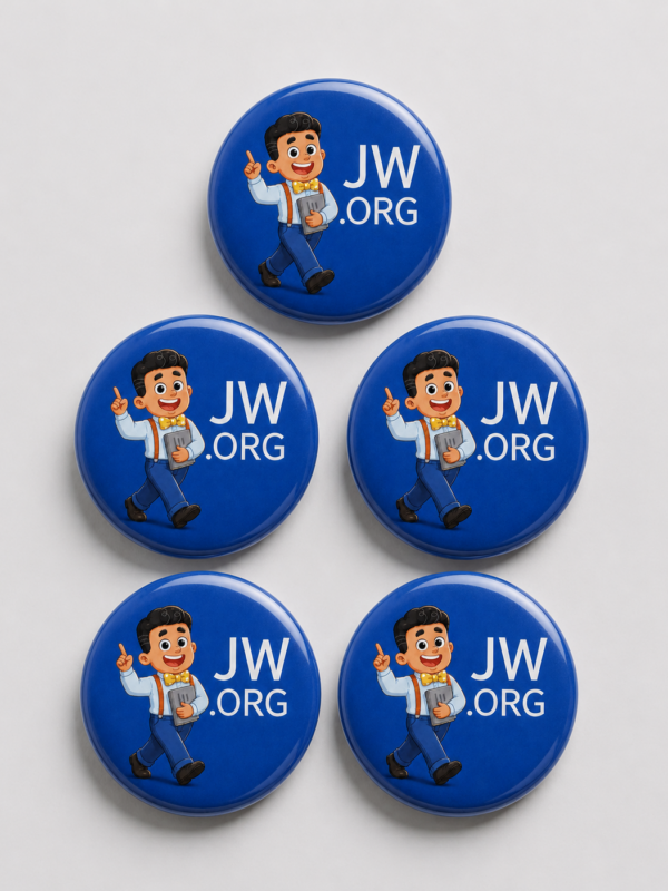 Kit 5 Broches Família JW 32mm — Personagem em destaque com Bíblia