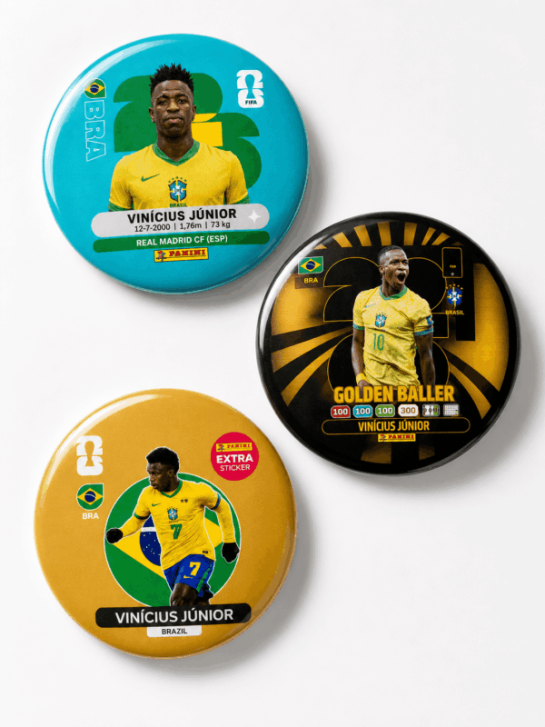 Kit com 3 broches colecionáveis de futebol Brasil, acabamento brilhante, tamanho 58mm