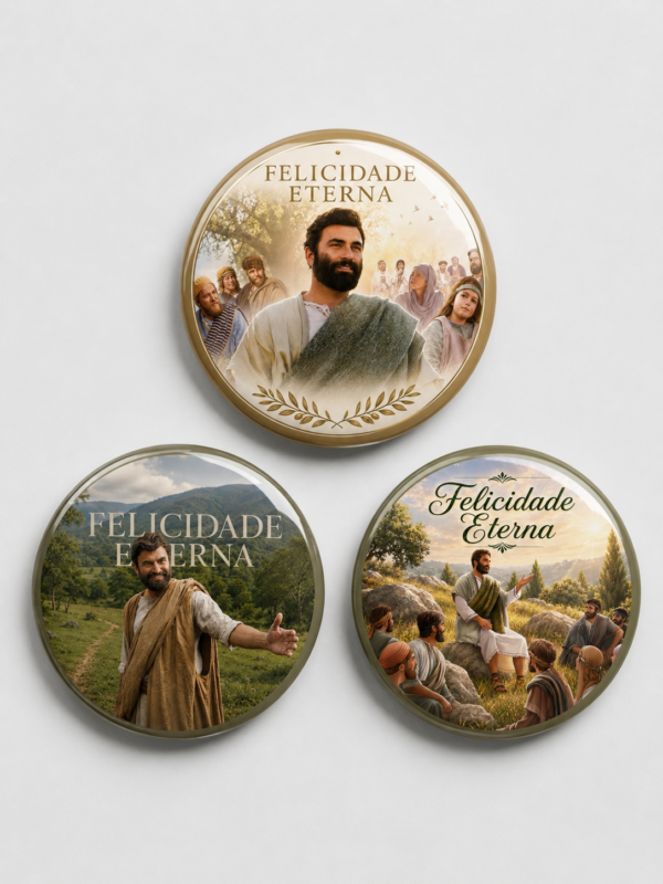 Kit com os 3 modelos de broches 32mm da coleção Felicidade Eterna: Esperança Viva, Caminho da Paz e Sermão do Monte