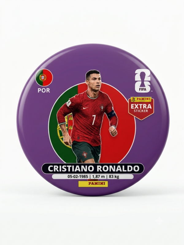 Broche Futebol 2026 58mm — Cristiano Ronaldo · Seleção Portugal · Colecionável Extra