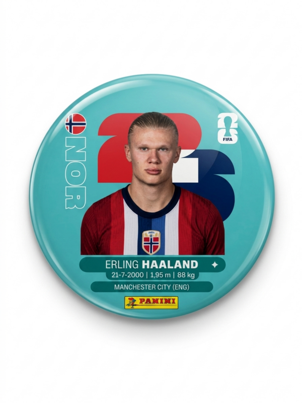 Broche colecionável 58mm com Erling Haaland pela Seleção Noruega — Futebol 2026 · Bela Produções