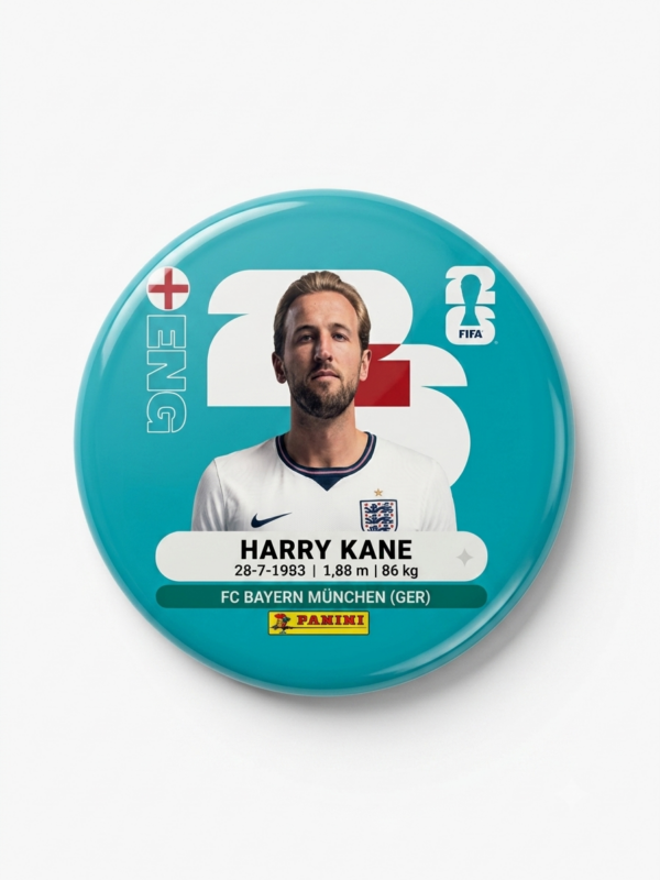 Broche colecionável 58mm com Harry Kane pela Seleção Inglaterra — Futebol 2026 · Bela Produções