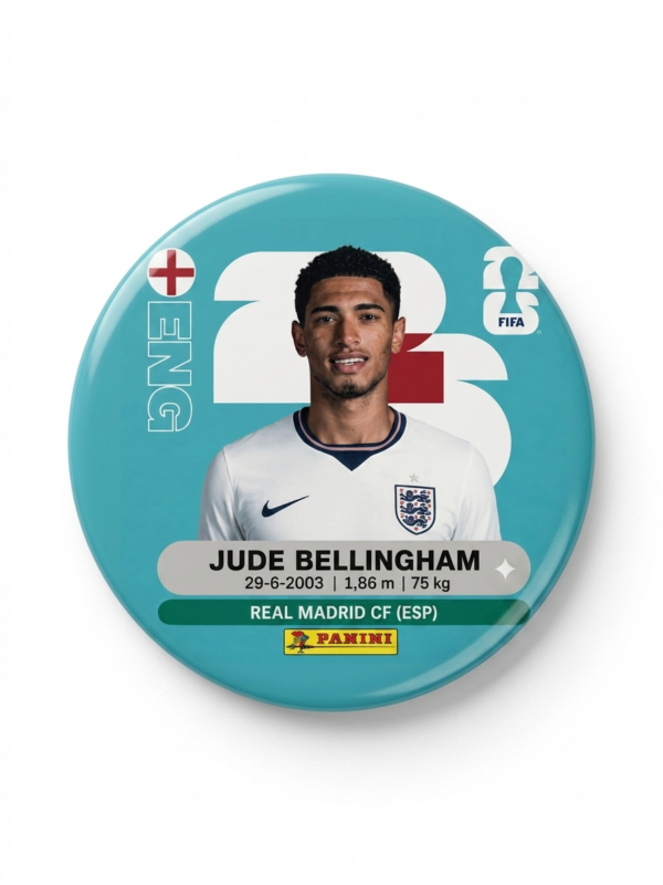 Broche colecionável 58mm com Jude Bellingham pela Seleção Inglaterra — Futebol 2026 · Bela Produções