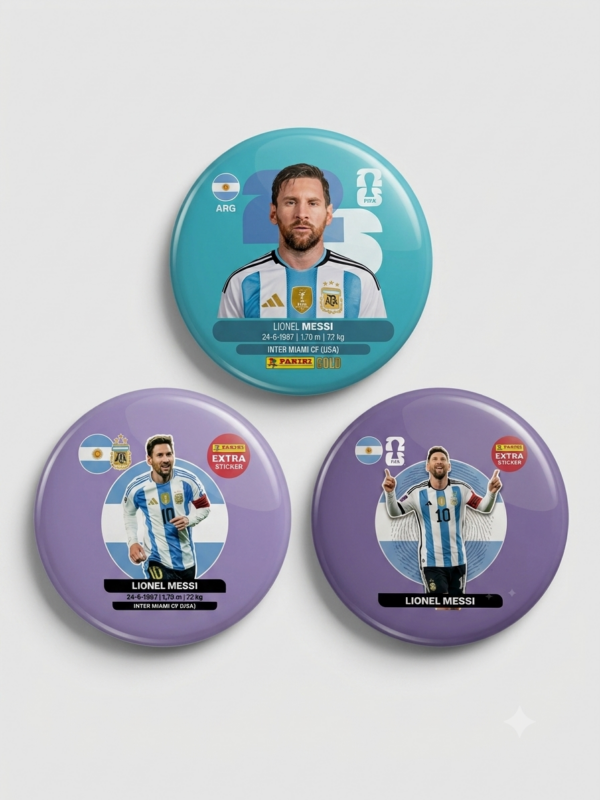 Combo 3 Broches Pins Messi Argentina 58mm – Edição Extra Colecionável