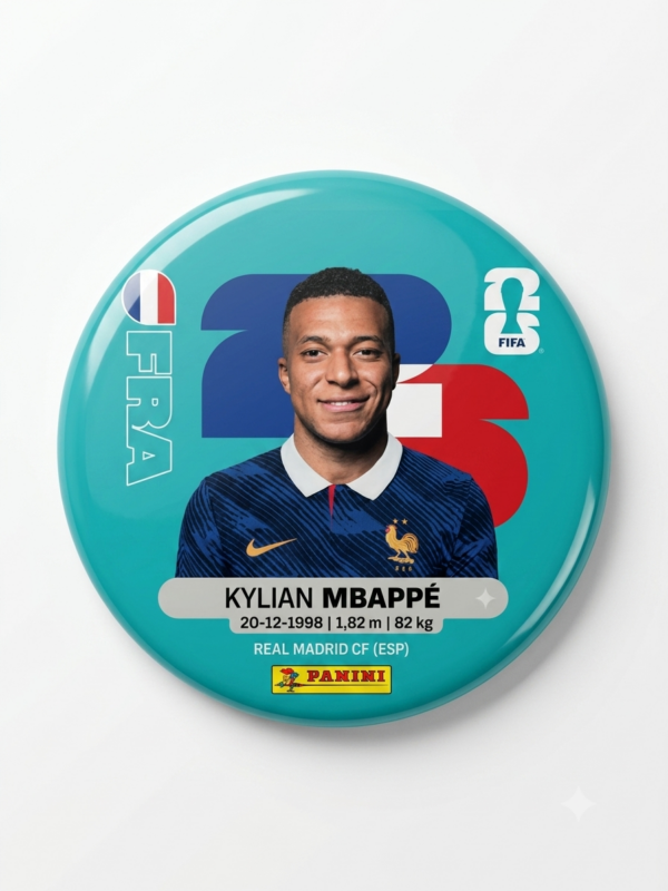 Broche colecionável 58mm com Kylian Mbappé pela Seleção França — Futebol 2026 · Bela Produções