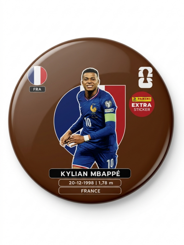 Broche Futebol 2026 58mm — Kylian Mbappé · Seleção França · Colecionável Extra