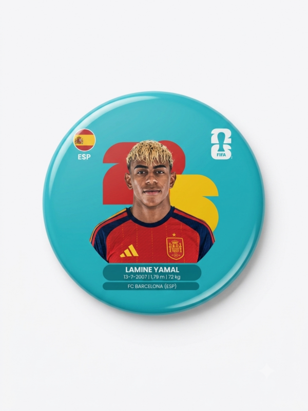 Broche colecionável 58mm com Lamine Yamal pela Seleção Espanha — Futebol 2026 · Bela Produções
