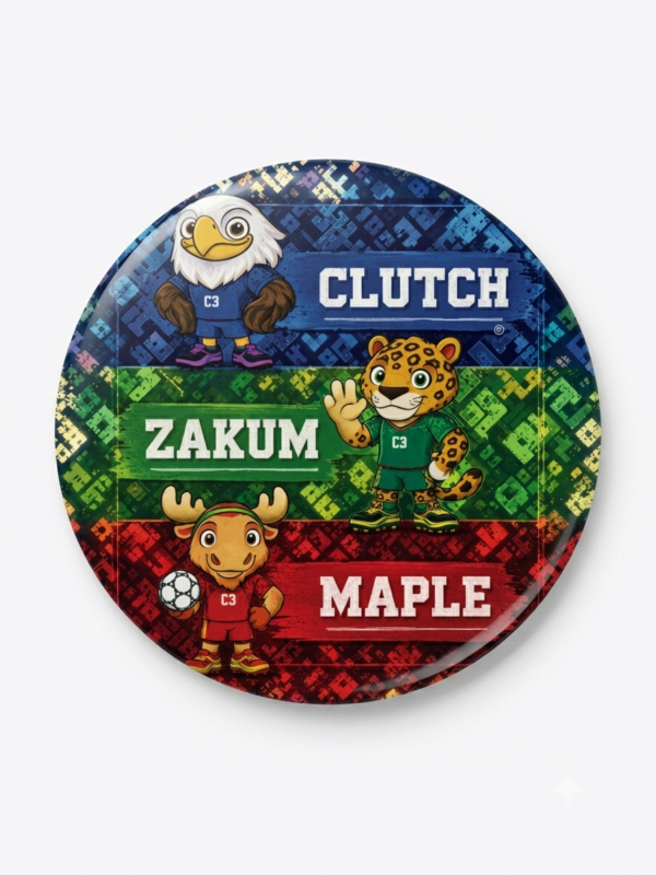 Broche colecionável 58mm com mascotes do Mundial de Futebol 2026 — Bela Produções