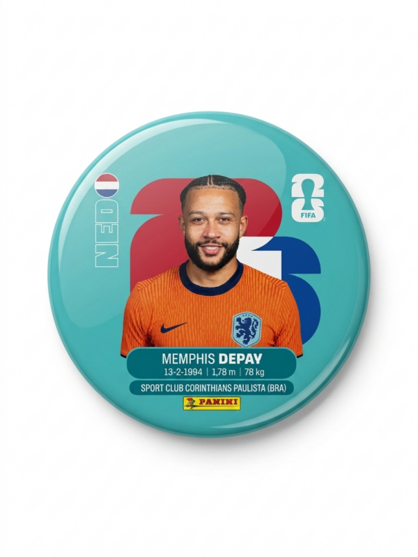 Broche colecionável 58mm com Memphis Depay pela Seleção Países Baixos — Futebol 2026 · Bela Produções