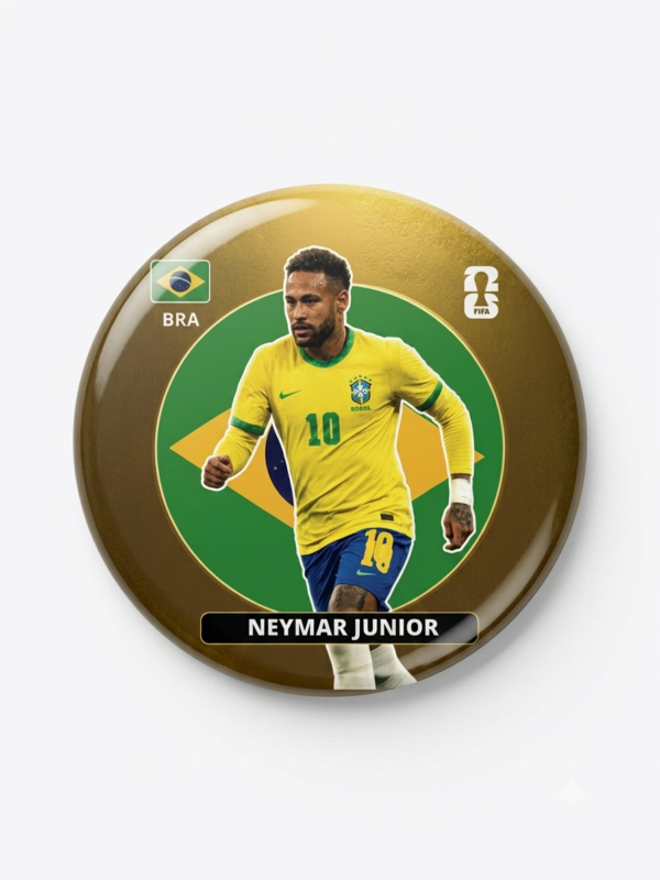 Broche colecionável 58mm com Neymar Jr pela Seleção Brasileira em edição especial dourada — Futebol 2026 · Bela Produções