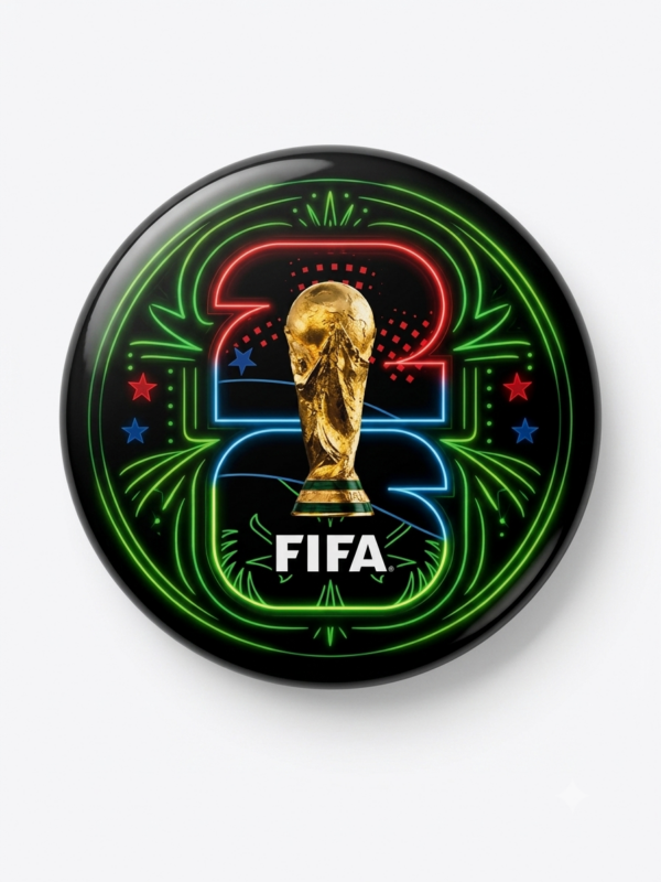 Broche colecionável 58mm com troféu do Mundial de Futebol 2026 — Bela Produções