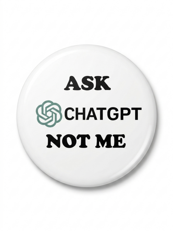 Broche Ask ChatGPT Not Me 58 mm com humor para programadores e fãs de inteligência artificial
