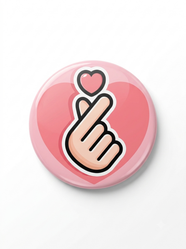 Broche Blackpink 44 mm com gesto finger heart e coração rosa