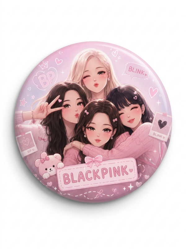 Broche Blackpink 44 mm com ilustração rosa das integrantes