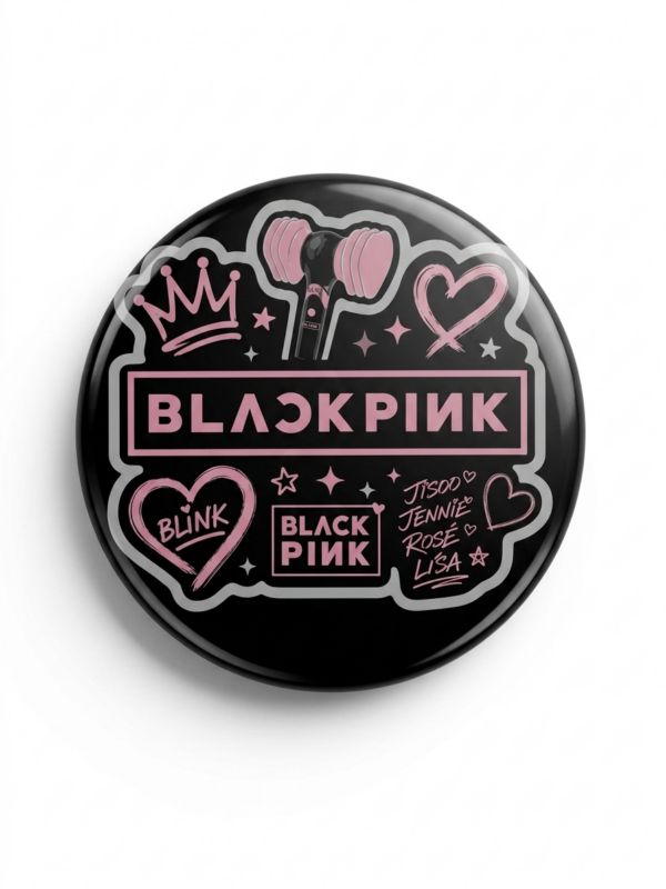 Broche Blackpink 44 mm com arte de adesivos e símbolos do grupo