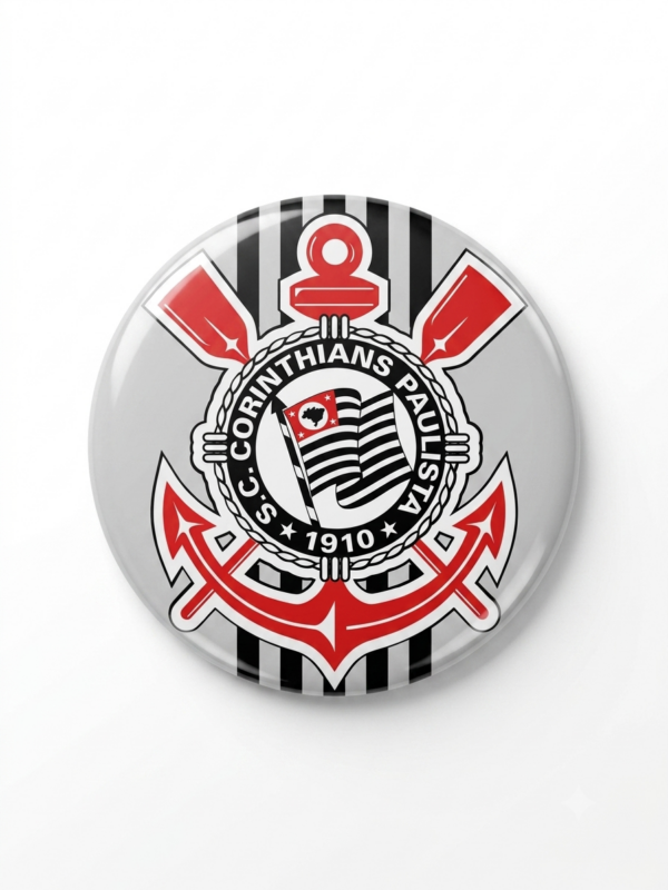 Broche Corinthians 58mm com escudo clássico do Timão em preto e branco