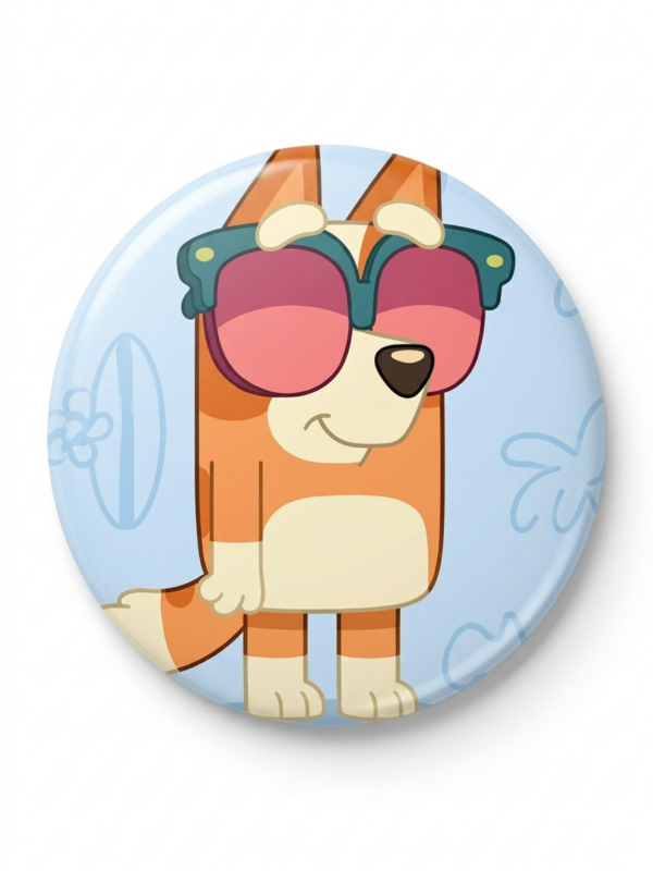 Broche colecionável 44mm de cãozinho com óculos de sol, clima de verão
