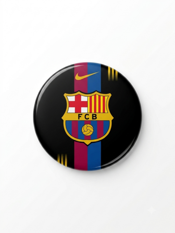 Broche FC Barcelona 58mm com escudo blaugrana em fundo preto contrastante
