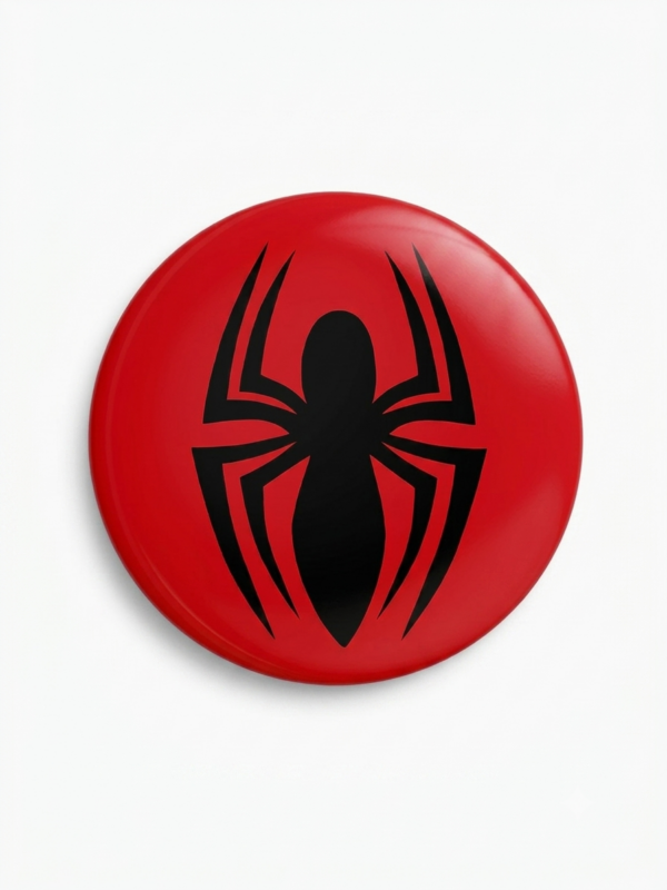 Broche colecionável 58mm com emblema aracnídeo preto em fundo vermelho — Cultura Pop · Bela Produções