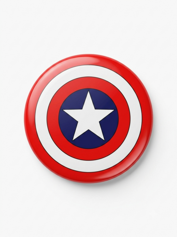 Broche colecionável 58mm com escudo estrelado tricolor (vermelho, branco e azul) — Cultura Pop · Bela Produções