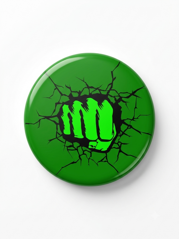 Broche colecionável 58mm com punho verde de impacto em fundo verde — Cultura Pop · Bela Produções