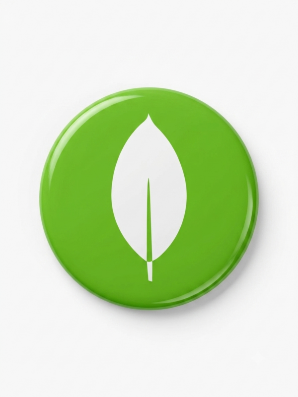 Broche MongoDB 58 mm verde com símbolo de folha branco para desenvolvedores