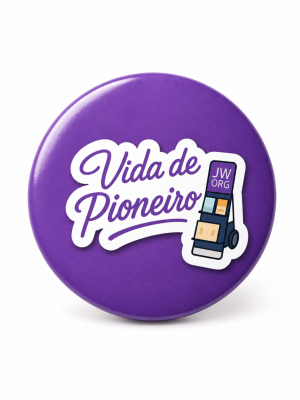 Broche pioneiro 44 mm roxo com a frase Vida de Pioneiro e carrinho de publicações