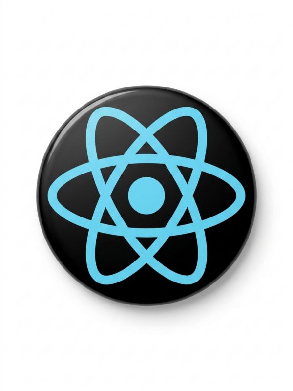 Broche React 58 mm preto com símbolo azul para fãs de desenvolvimento front-end