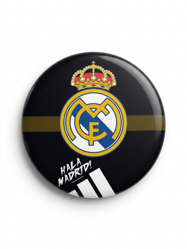 Broche Real Madrid 58mm com escudo merengue em branco e dourado Hala Madrid