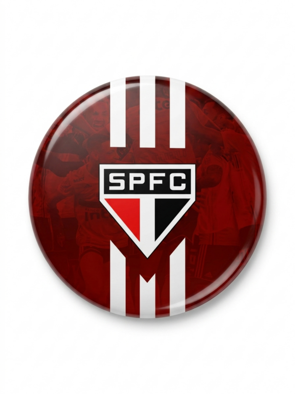 Broche São Paulo FC 58mm com sigla SPFC e listras tricolor vermelho preto e branco