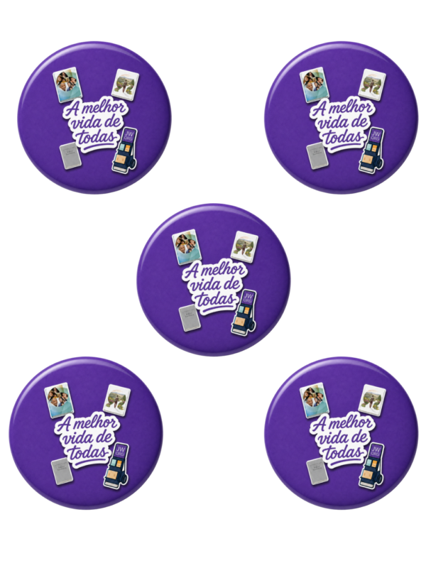 Kit com 5 broches pioneiro 44 mm roxos com a frase A melhor vida de todas