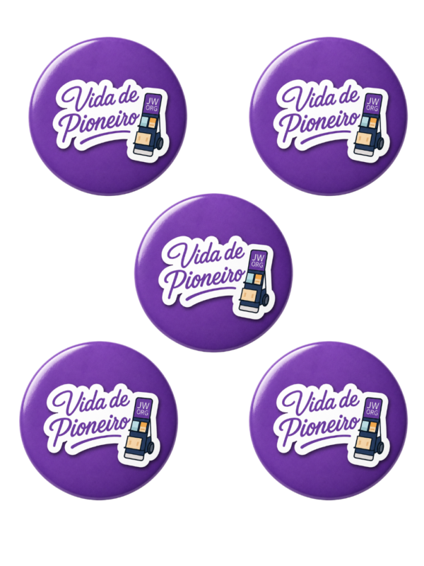 Kit com 5 broches pioneiro 44 mm roxos com a frase Vida de Pioneiro