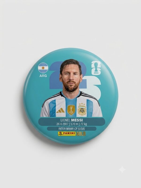 Broche colecionável 58mm com Lionel Messi pela Seleção Argentina — Futebol 2026 · Bela Produções